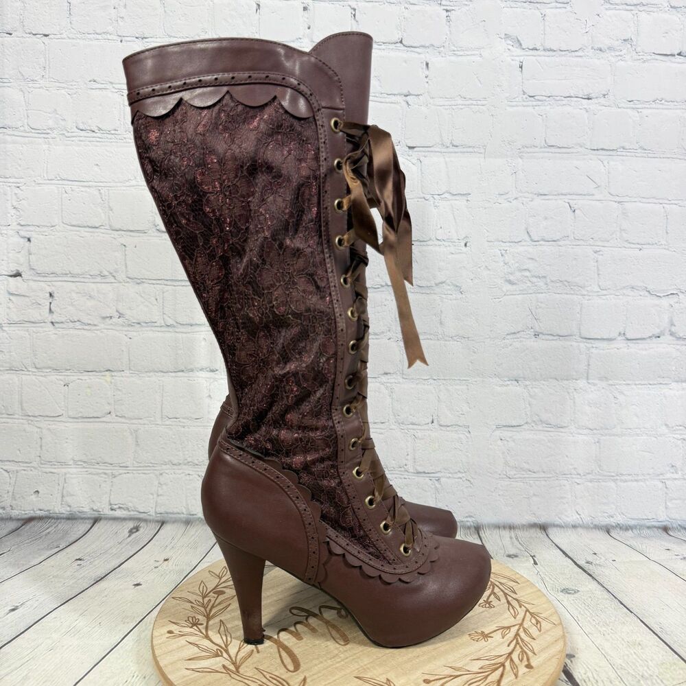 Ellie Victorian Steampunk Lace Up Knee High Boots Size 7 Brown Platform Goth - Picture 3 of 16
